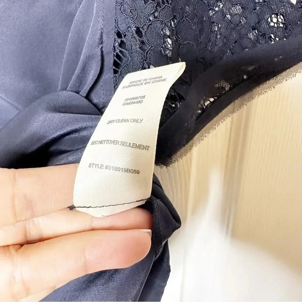 REBECCA TAYLOR 100% Silk Dark Blue Navy Crop Top Lace Short Sleeve Size‎ 2 - Picture 6 of 7